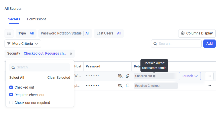 Security tab showing Requires check out and related Password Checkout options
