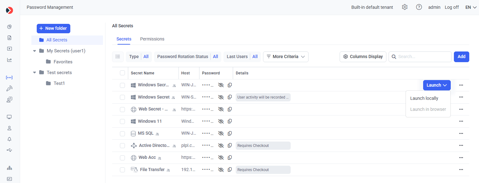 Password Management page Secrets tab showing folder tree on the left and secrets grid with multiple secret types and per-row Launch buttons