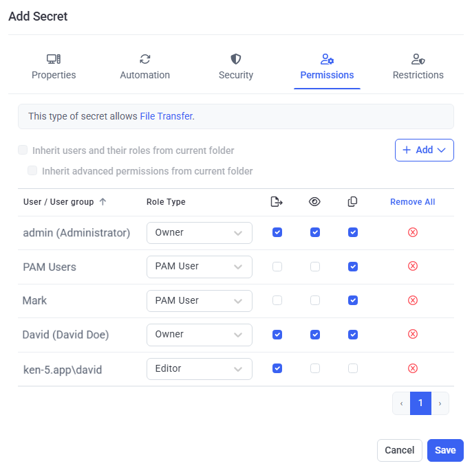 Permissions tab showing Role Type and advanced permission columns for secret users