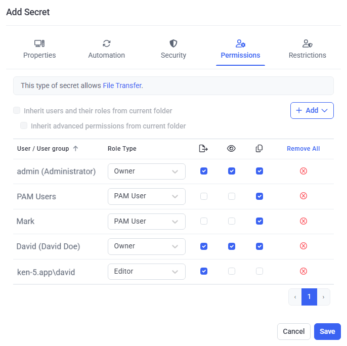 Permissions tab showing Role Type and advanced permission columns for secret users