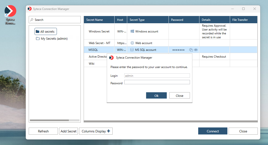 Pop-up prompting the user to re-enter their account password to view a secret