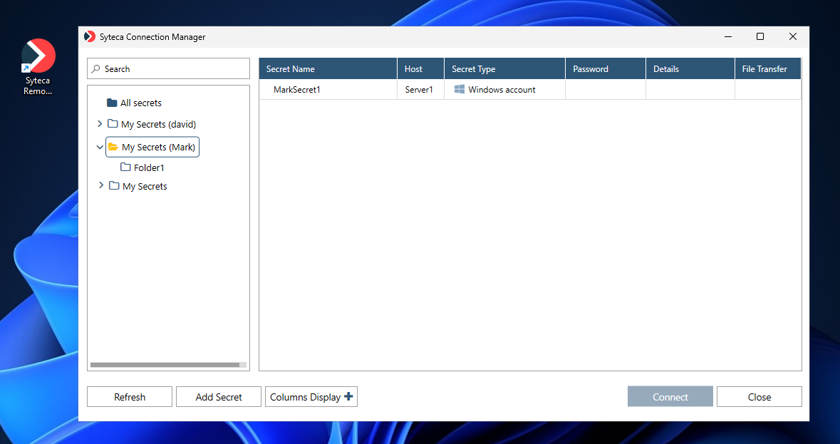 My Secrets WPM folder shown in Syteca Connection Manager