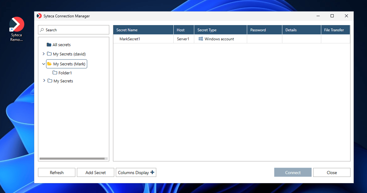 My Secrets WPM folder shown in Syteca Connection Manager