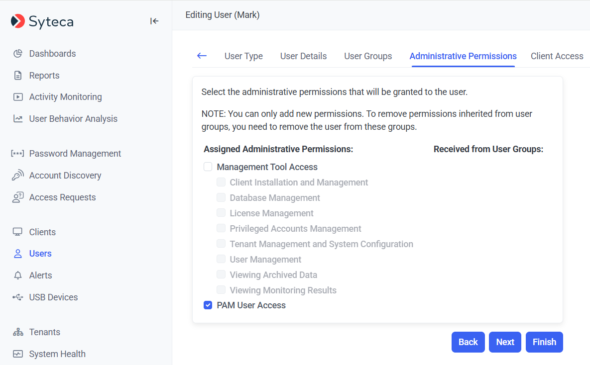 Administrative Permissions tab with PAM User Access granted
