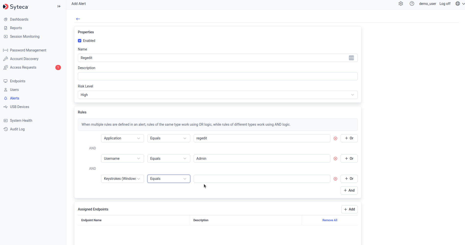 Add Alert page showing the Rules section with two example rules connected by AND, showing parameter, comparison operator, and value fields