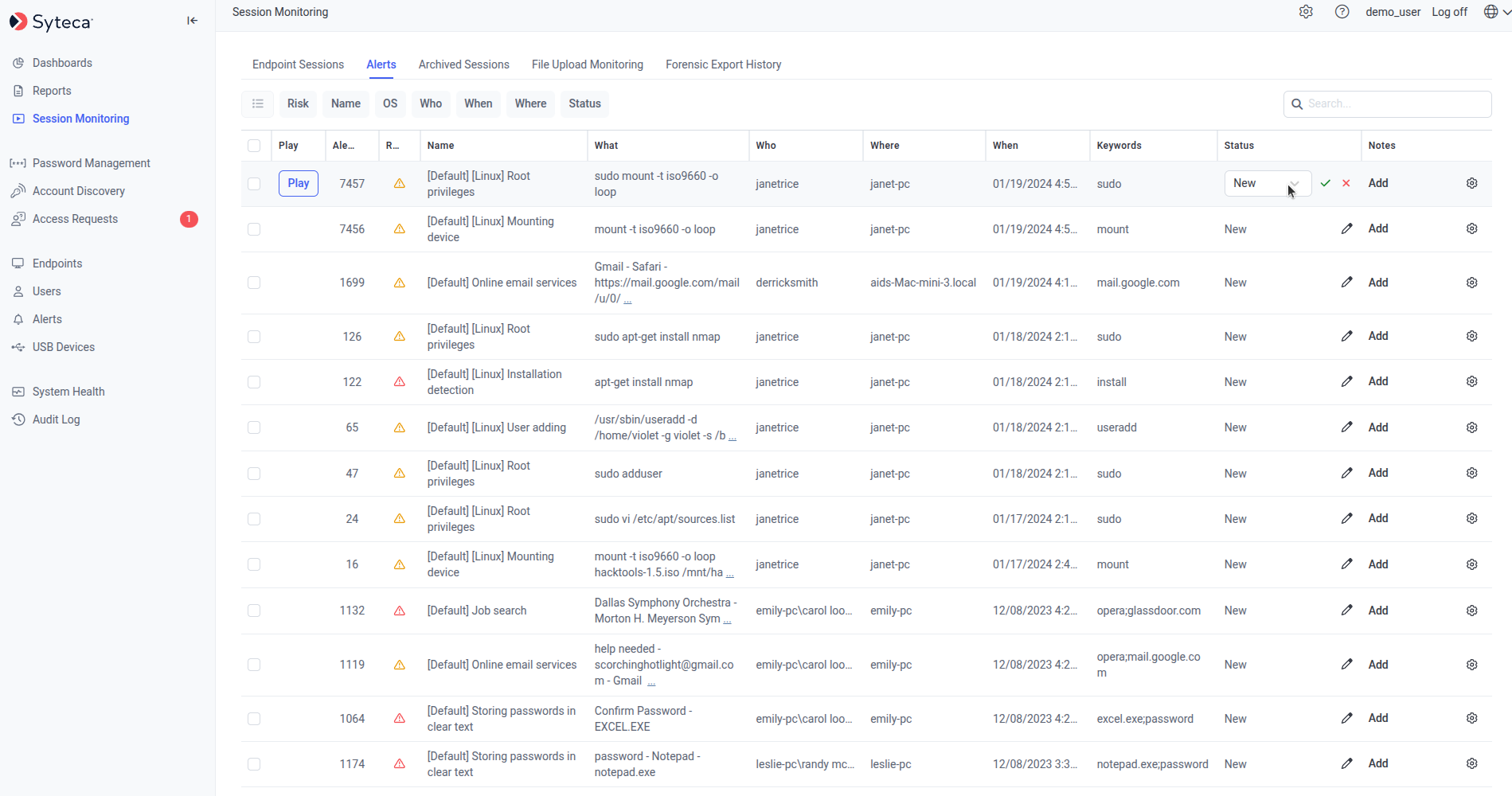 Alerts events tab showing the grid with alert events at various statuses, risk-level icons, and notes counts