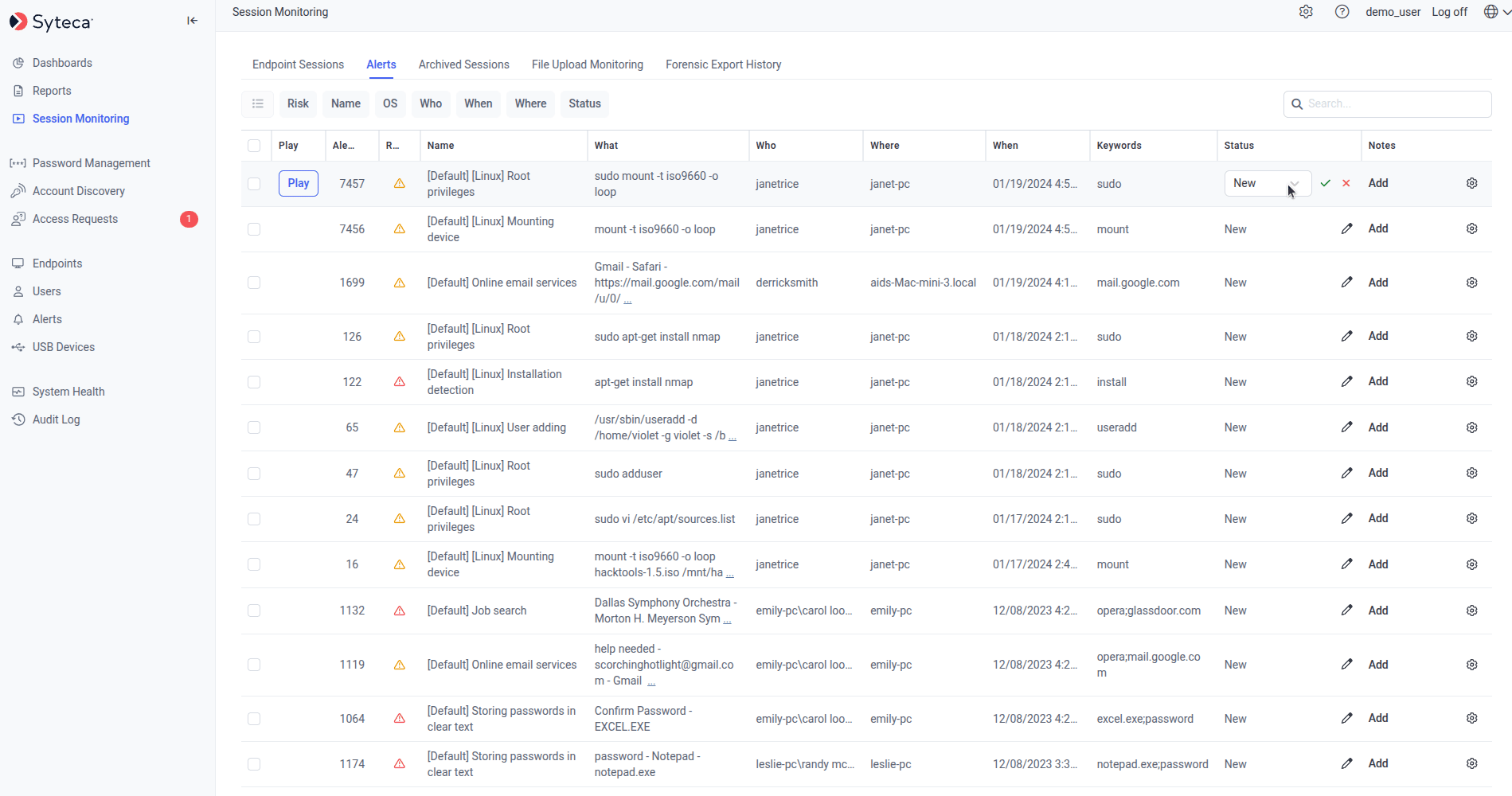 Alerts events tab showing the grid with alert events at various statuses, risk-level icons, and notes counts