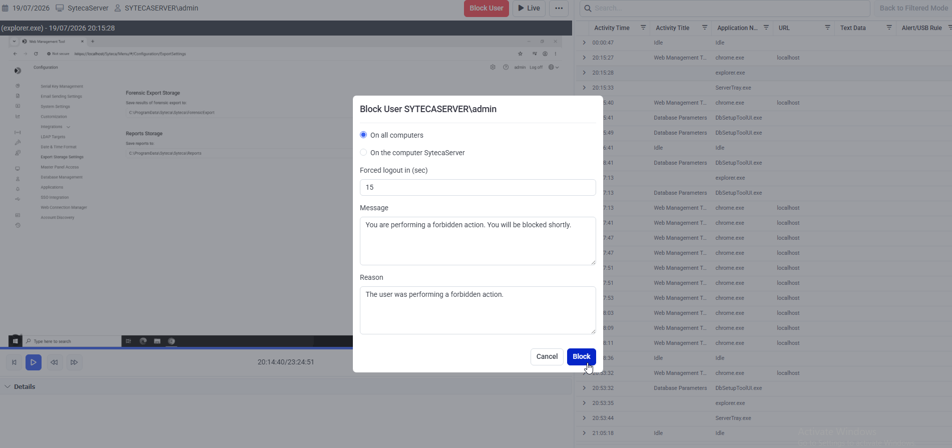 Block User pop-up showing On all computers / On the computer options, Forced logout time field, Message and Reason fields