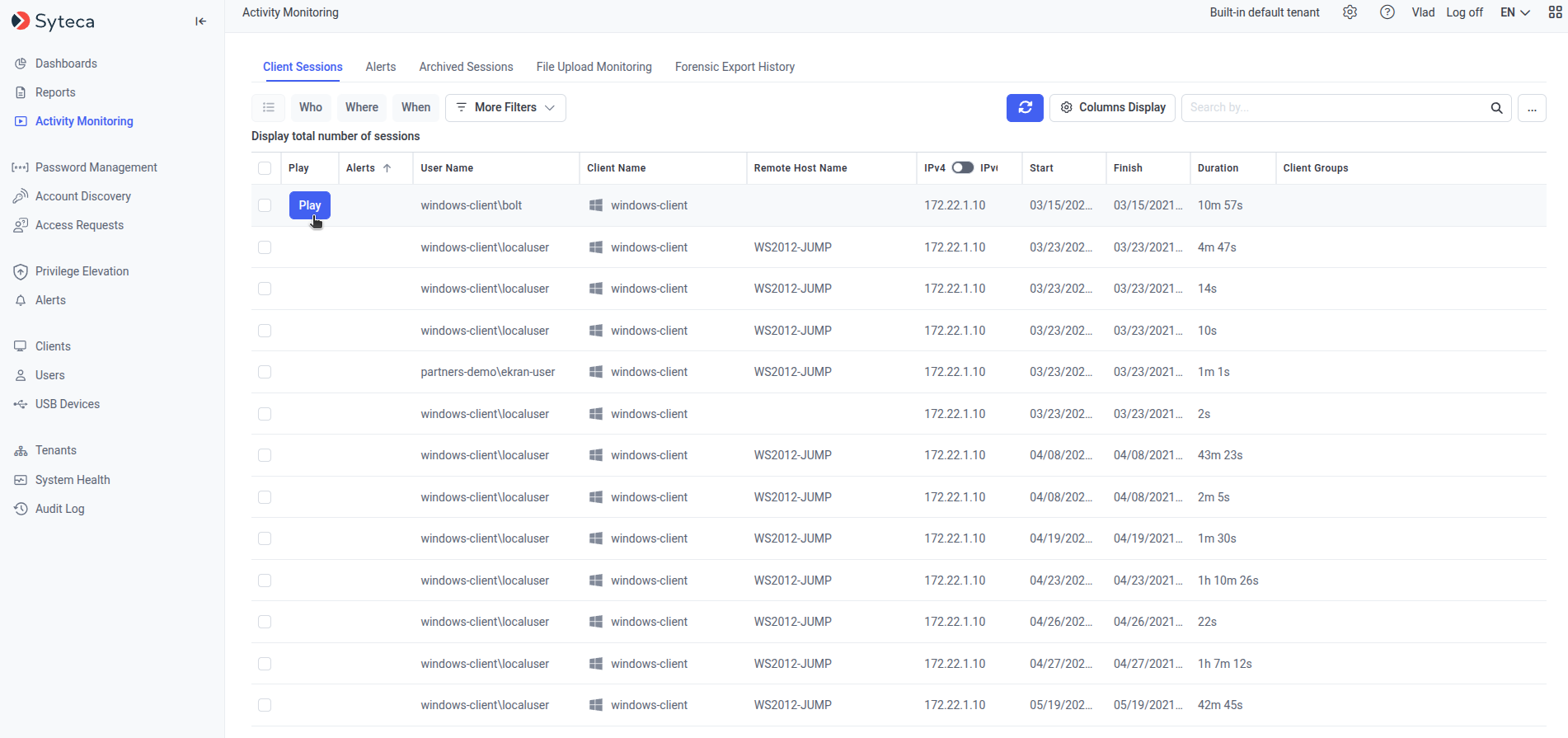 Client Sessions page showing filter fields including Who, Where, When, and additional criteria