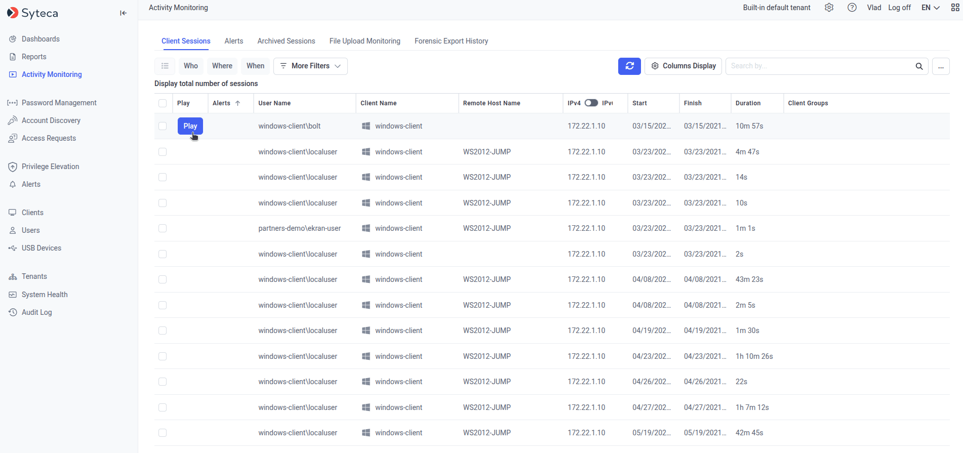 Client Sessions page showing filter fields including Who, Where, When, and additional criteria