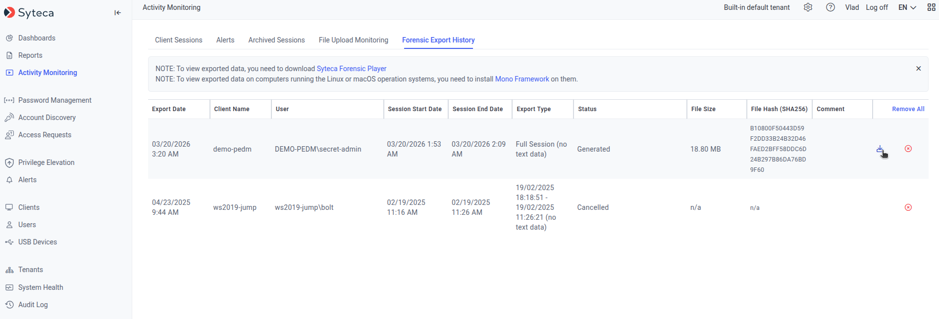 Forensic Export History tab showing multiple exports with Export Type, Status, File Size, SHA256 hashes, and Comment columns plus the Syteca Forensic Player download link
