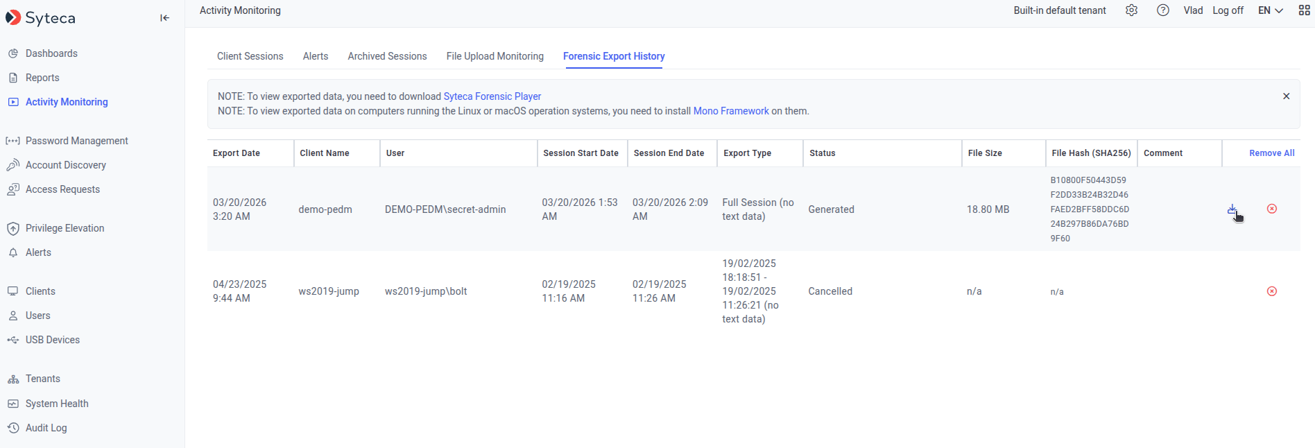 Forensic Export History tab showing multiple exports with Export Type, Status, File Size, SHA256 hashes, and Comment columns plus the Syteca Forensic Player download link