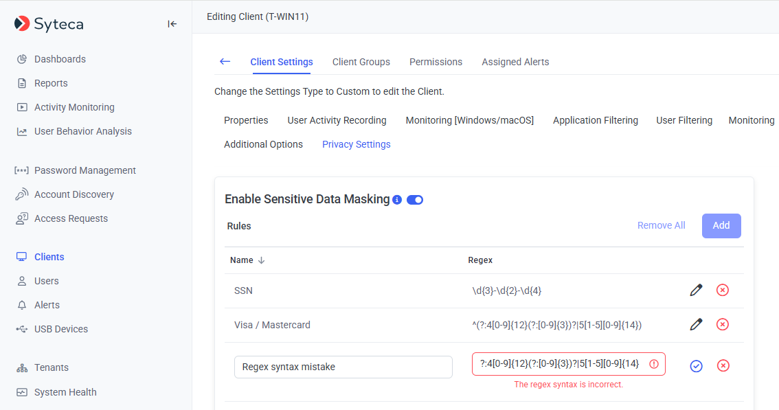 Privacy Settings tab showing Enable Sensitive Data Masking toggle and a list of regex rules