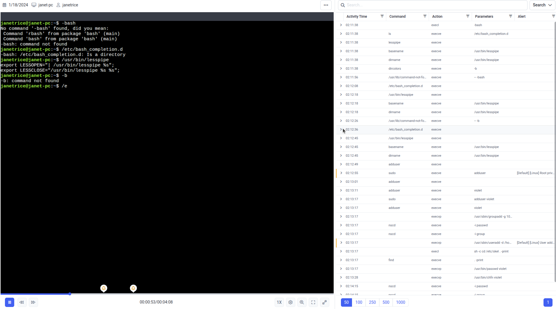 Session Viewer playing back a Linux SSH session showing the recreated terminal on the left and the Metadata grid with commands, actions, and parameters on the right