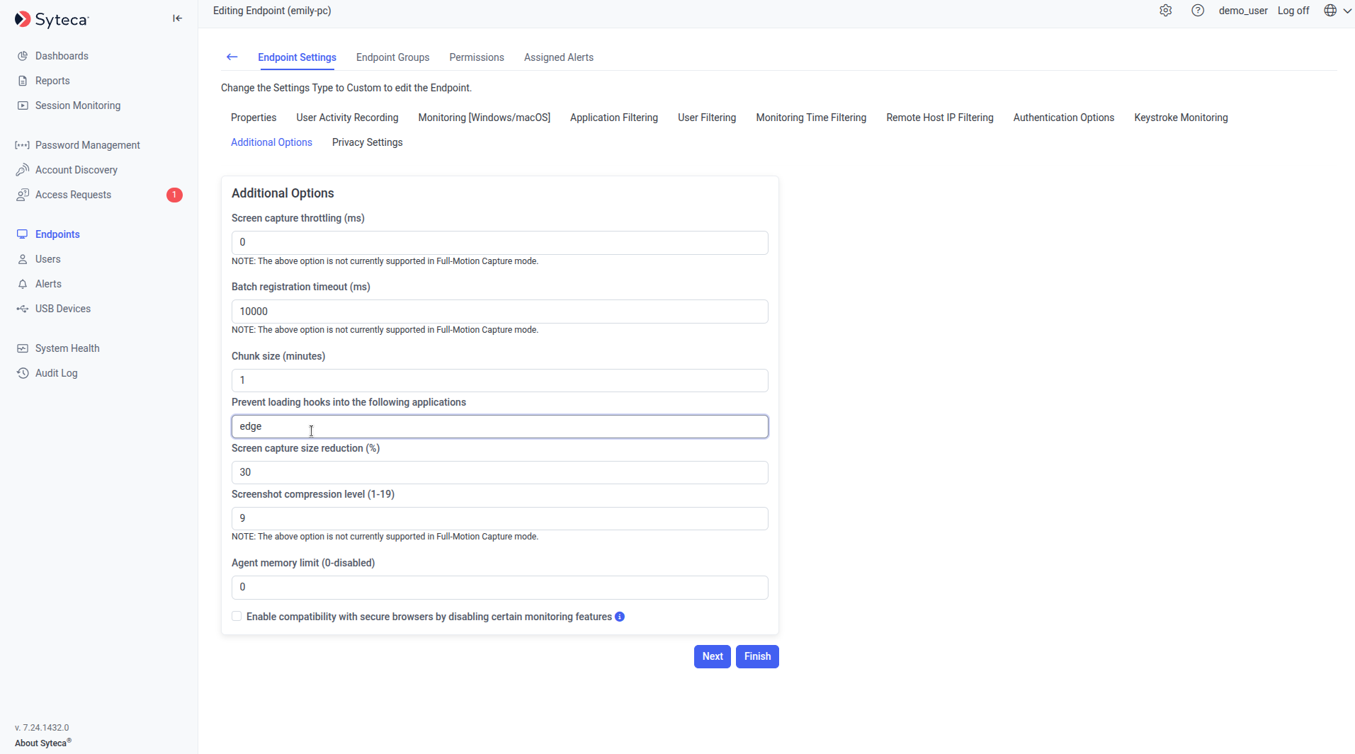 Additional Options tab showing bandwidth usage reduction parameters