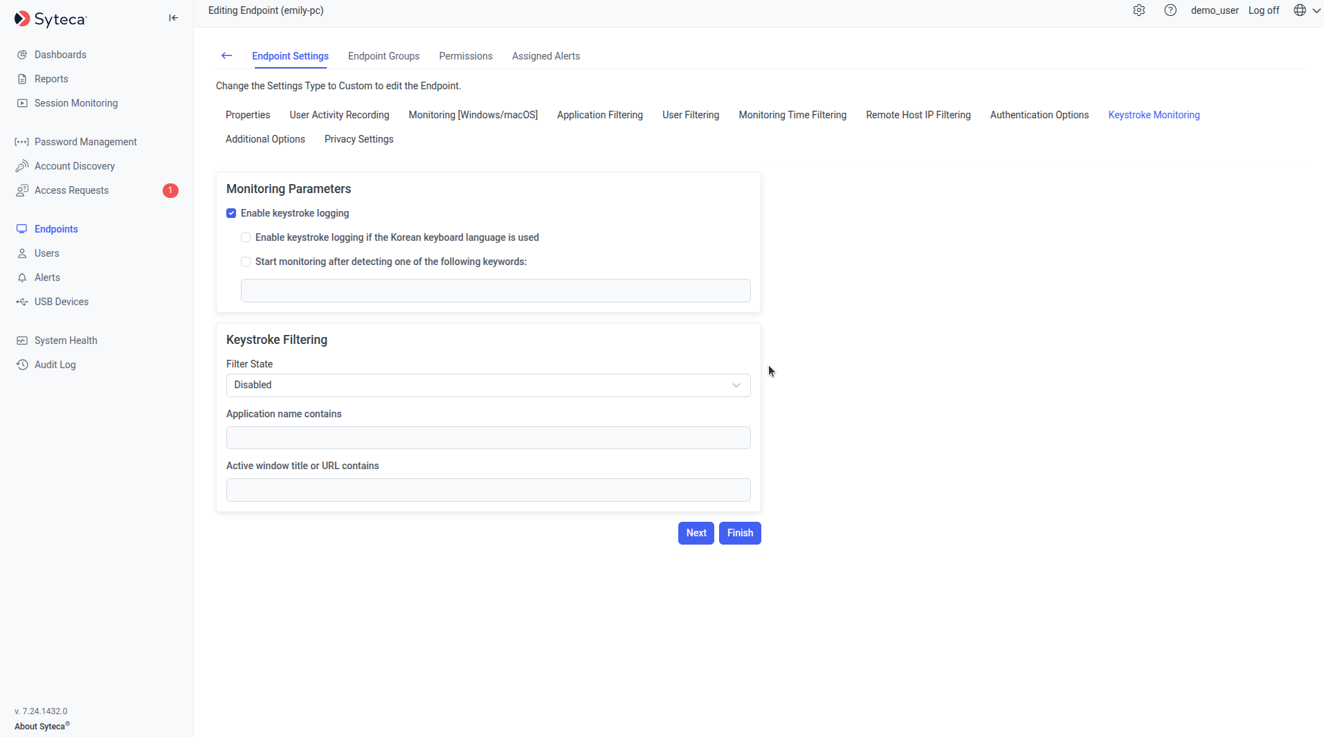 Keystroke Monitoring tab showing Enable keystroke logging and related options