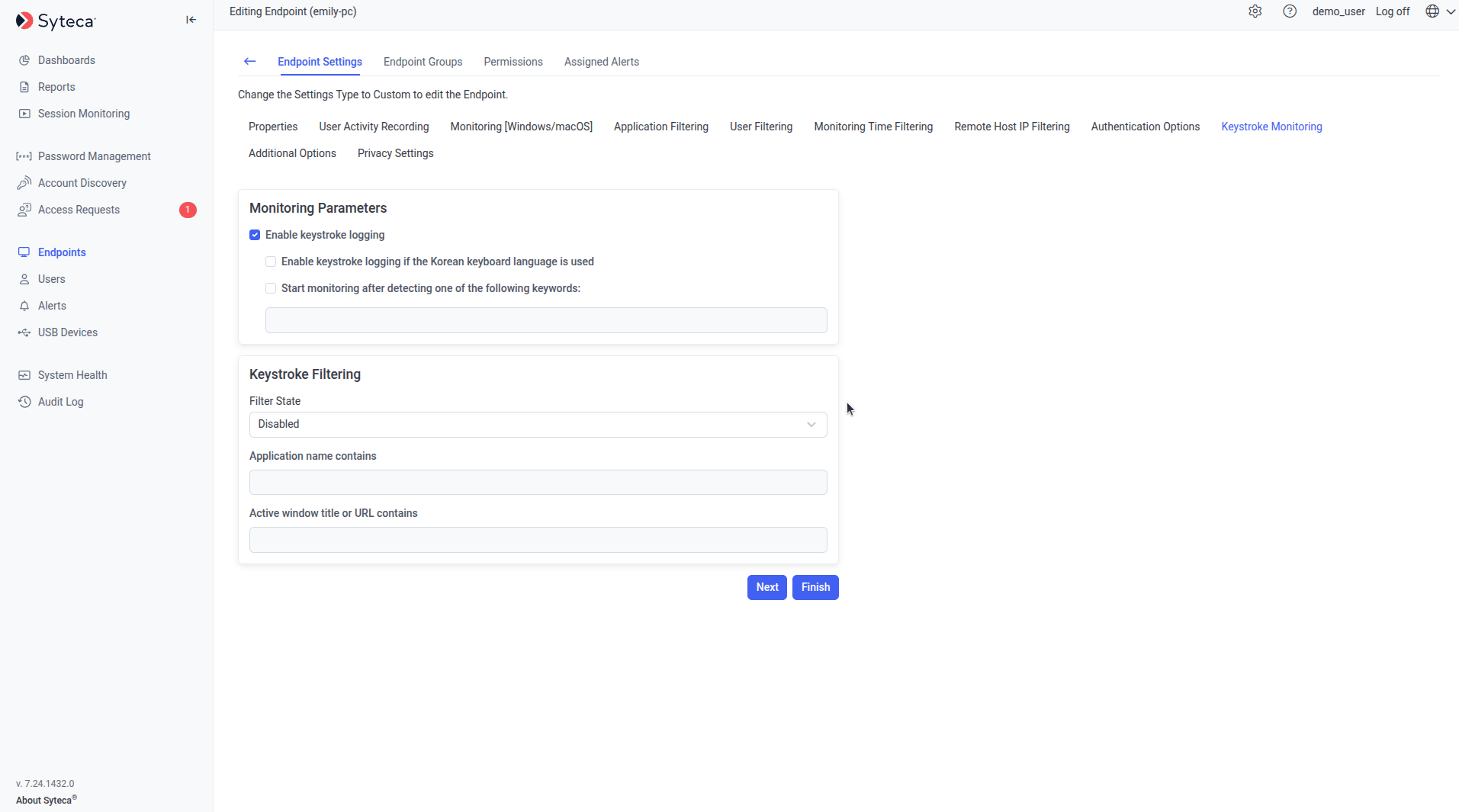 Keystroke Monitoring tab showing Enable keystroke logging and related options