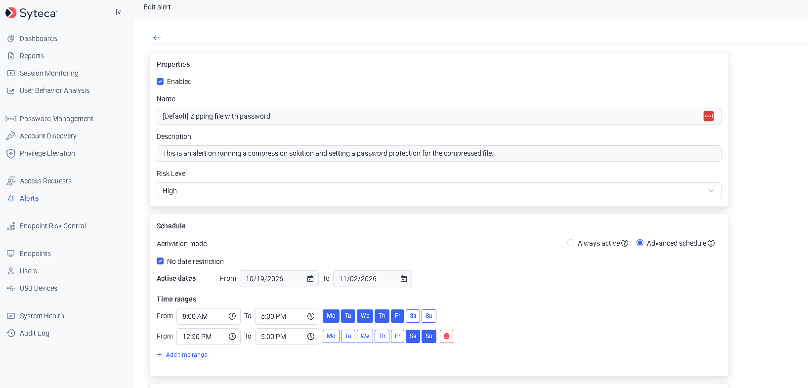 Alerts Edit alert page showing the Advanced schedule mode with active dates and two time ranges