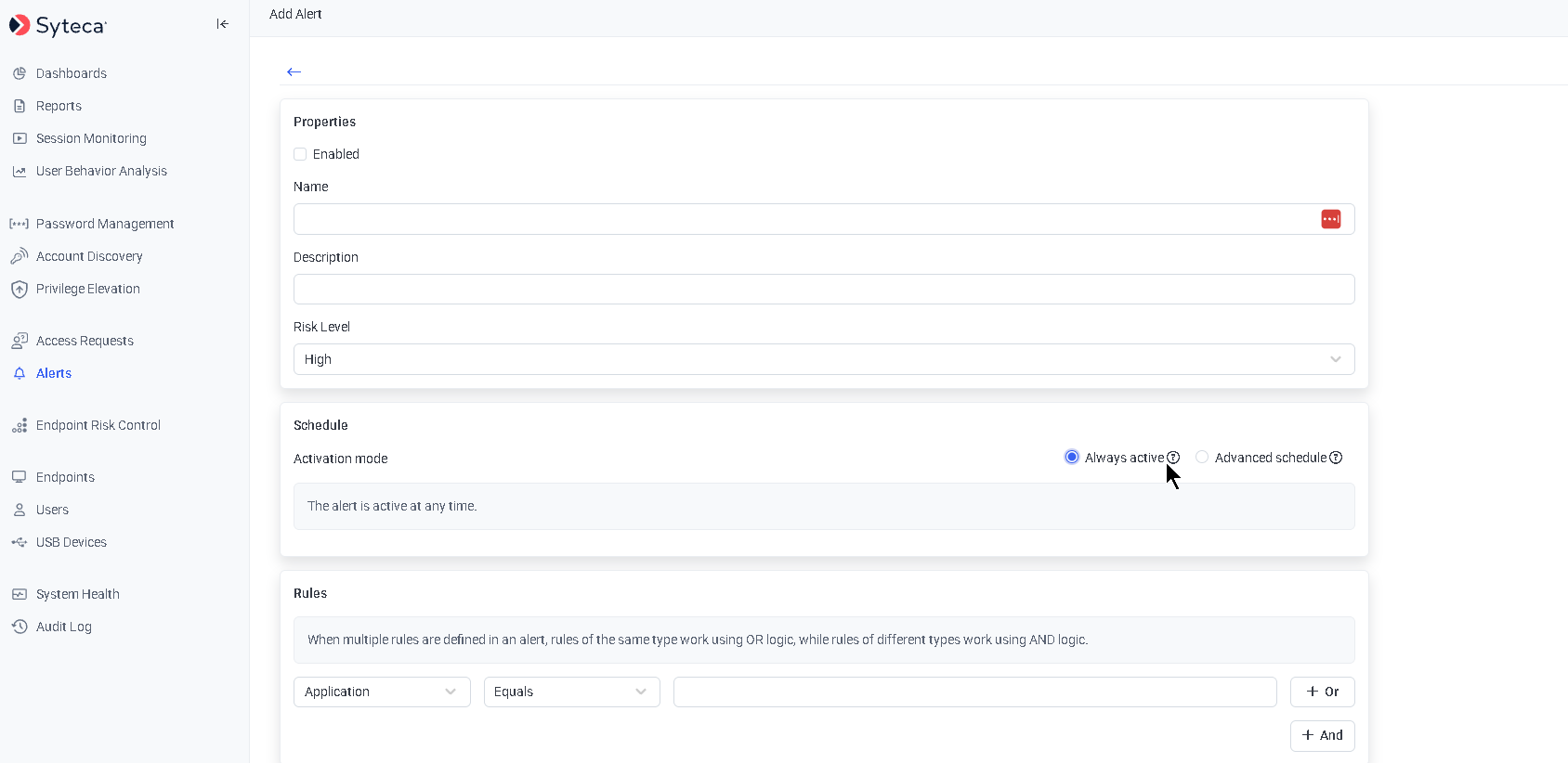 Alerts Edit alert page showing the Schedule section with the Always active activation mode selected