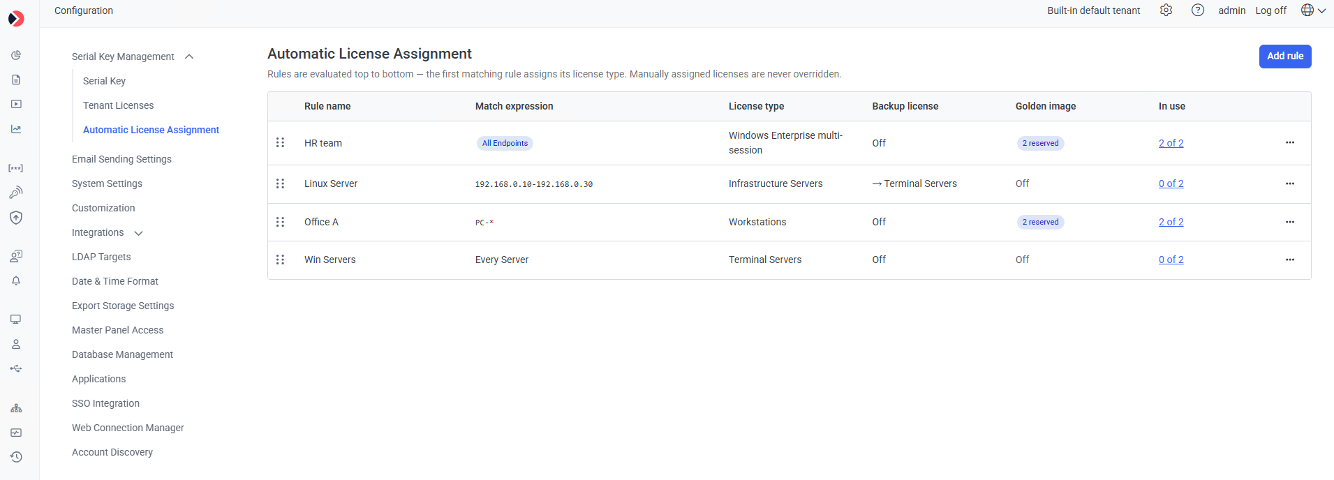 Automatic License Assignment page with a rules table showing rule name, match expression, license type, backup license, Golden image, and in use columns