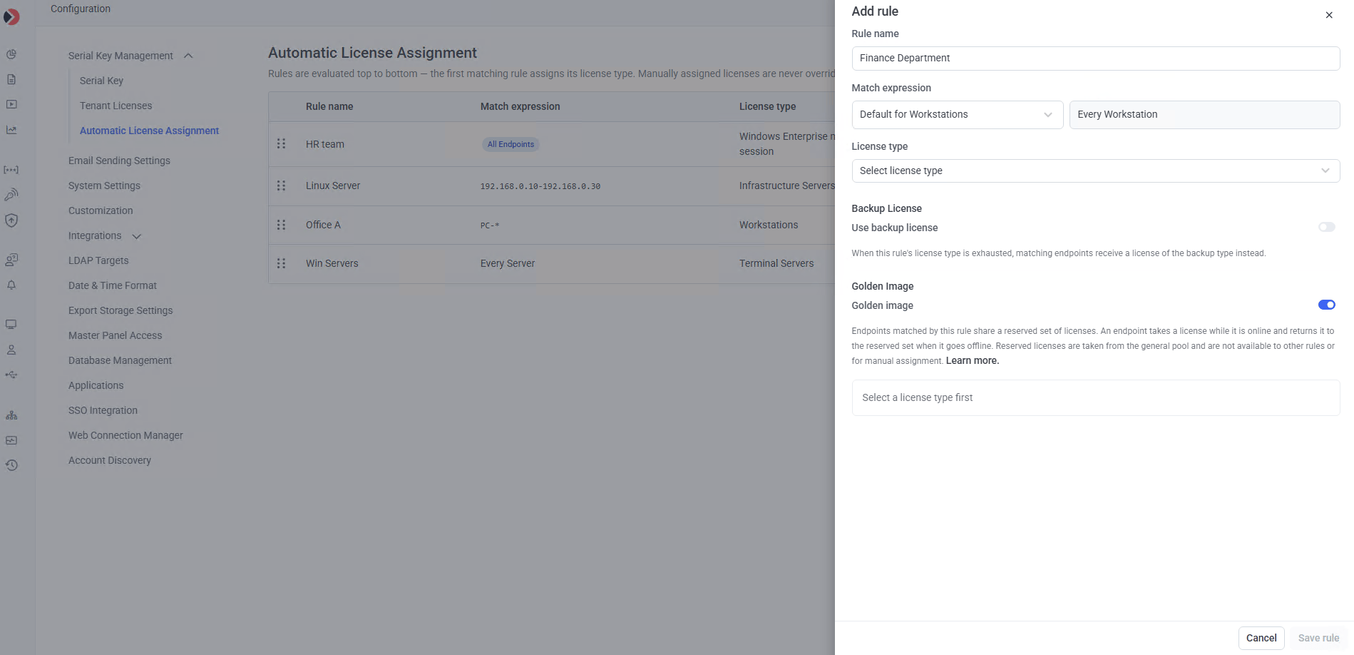 Add rule panel with fields for rule name, match expression, license type, backup license toggle, and Golden image toggle