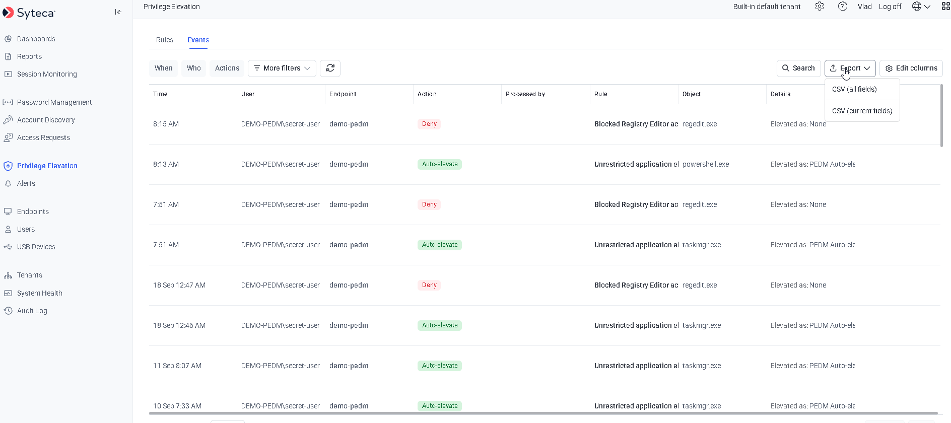 Events tab filters including When, Who, and Action