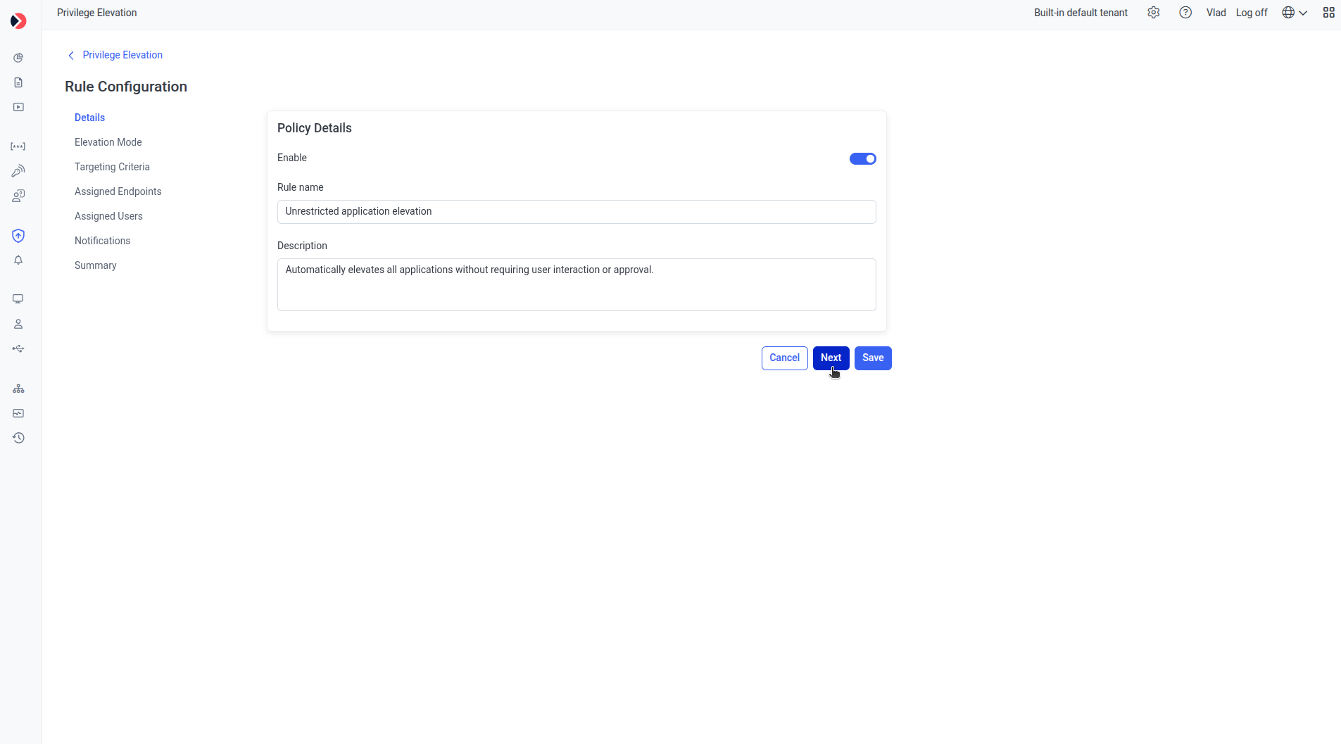 Details tab of the Privilege Elevation rule wizard