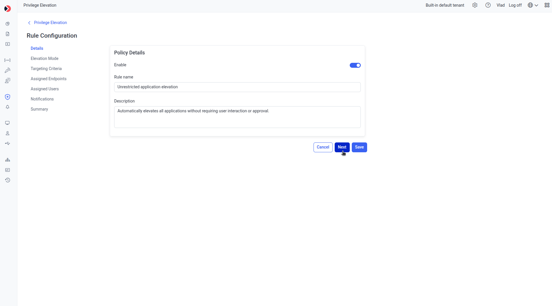 Details tab of the Privilege Elevation rule wizard