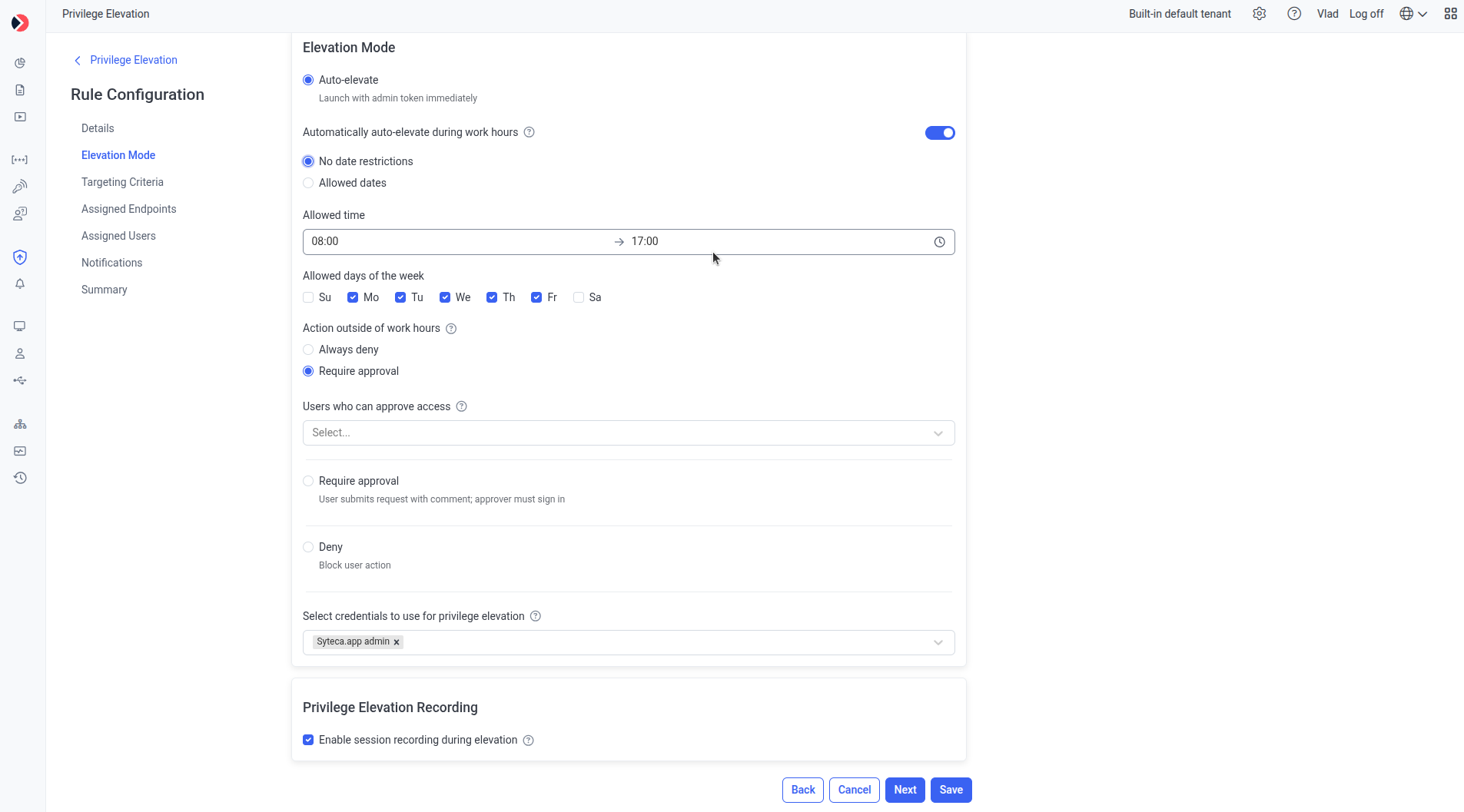 Elevation Mode tab showing Auto-elevate, Require approval, and Deny options