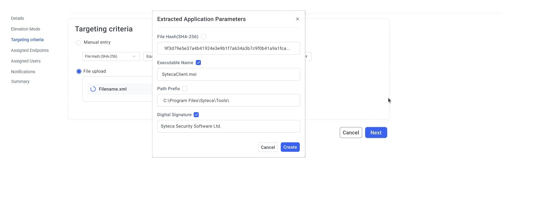 Extracted Application Parameters pop-up with parameter checkboxes
