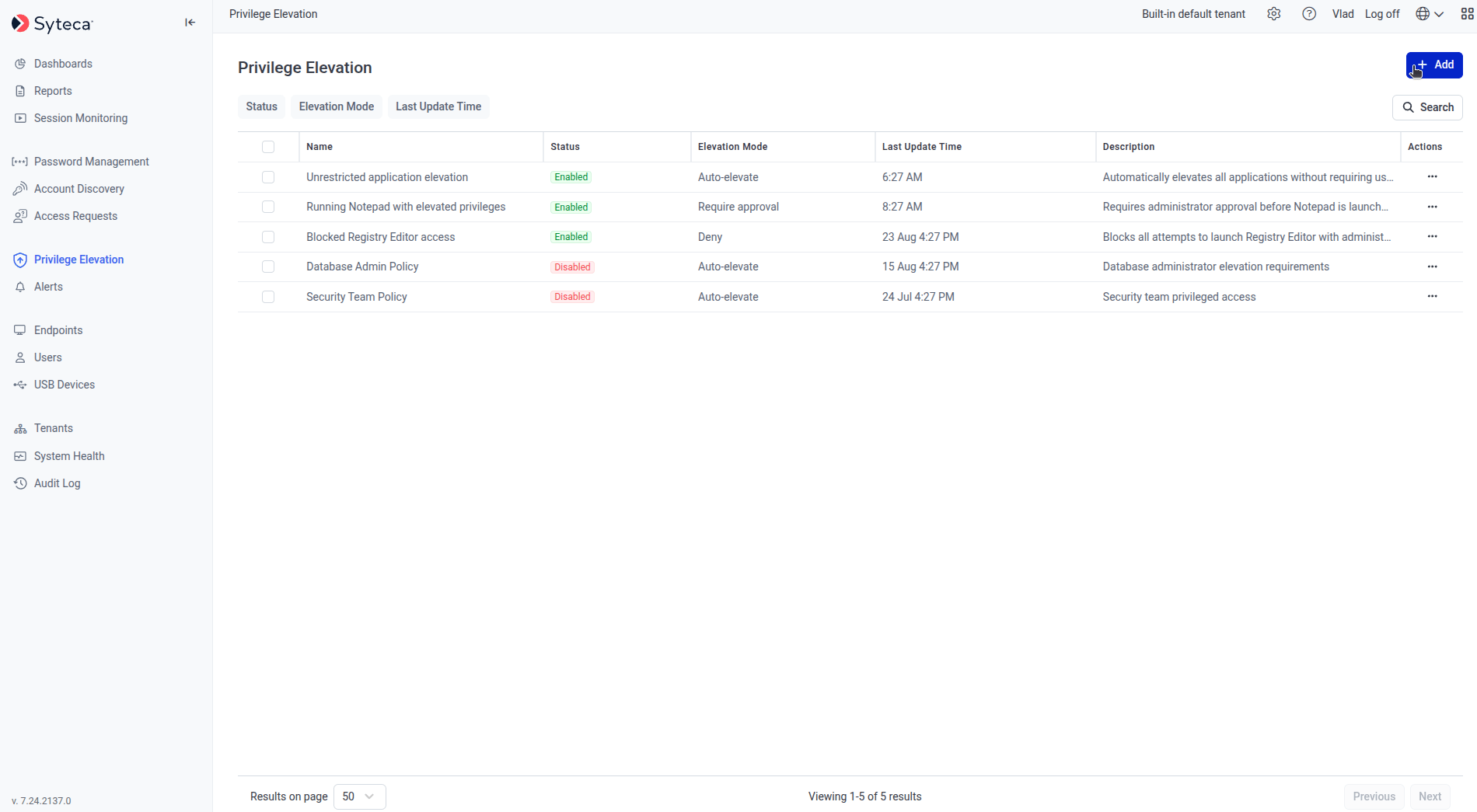 Privilege Elevation Rules tab with the rules grid