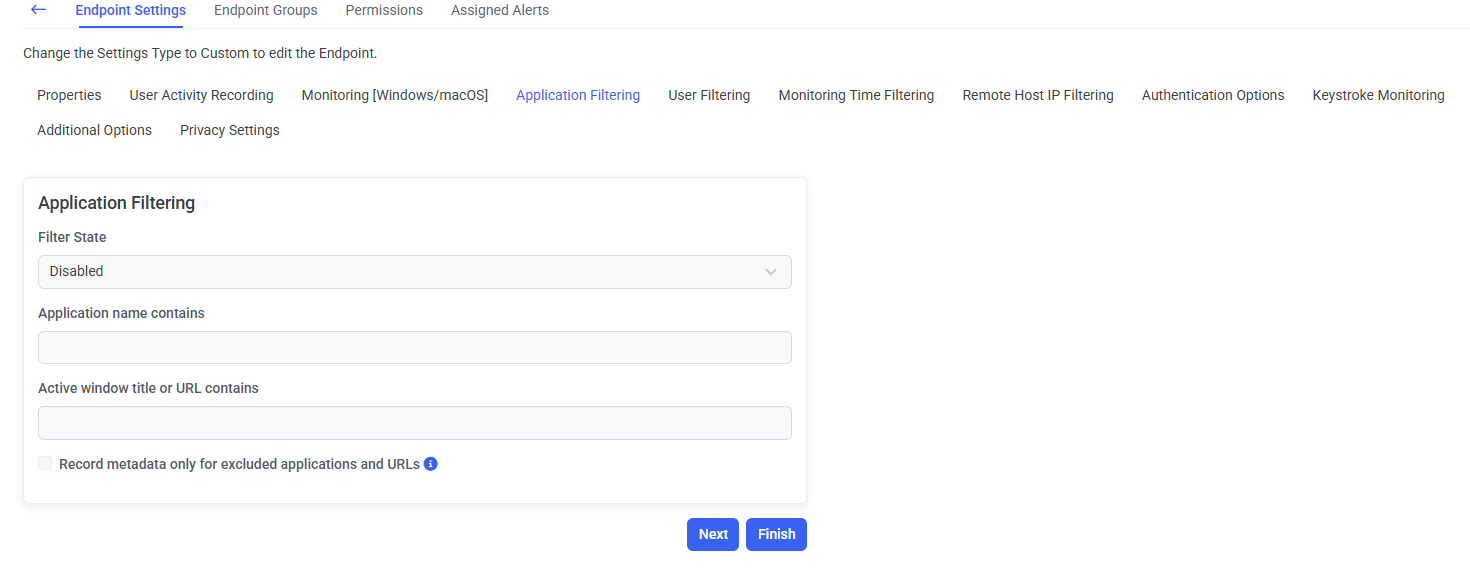 Applications and websites filter with an application set to metadata-only recording