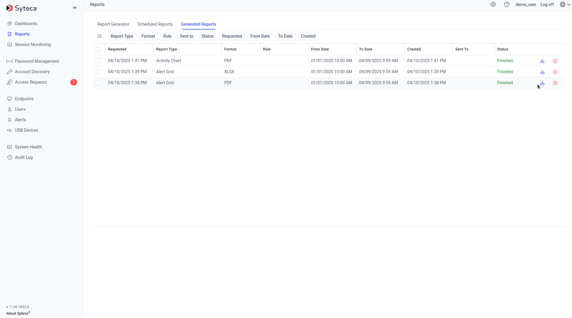 Generated Reports tab grid showing multiple reports at various statuses with Report Type, Format, Rule, From/To Date, Status, Sent To, and Download icon columns