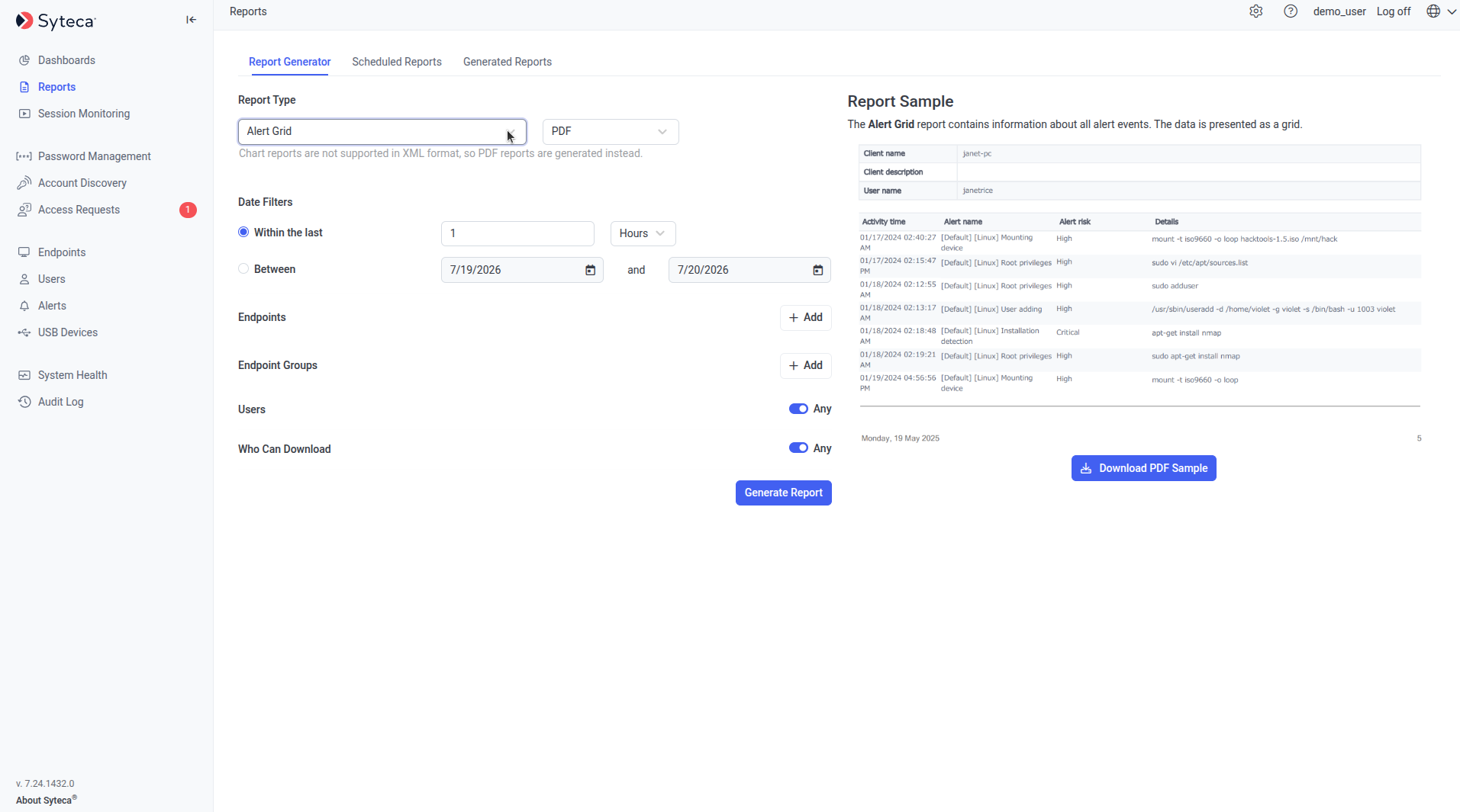Report Generator tab with report type selection on the left, sample preview on the right, and Download PDF Sample button