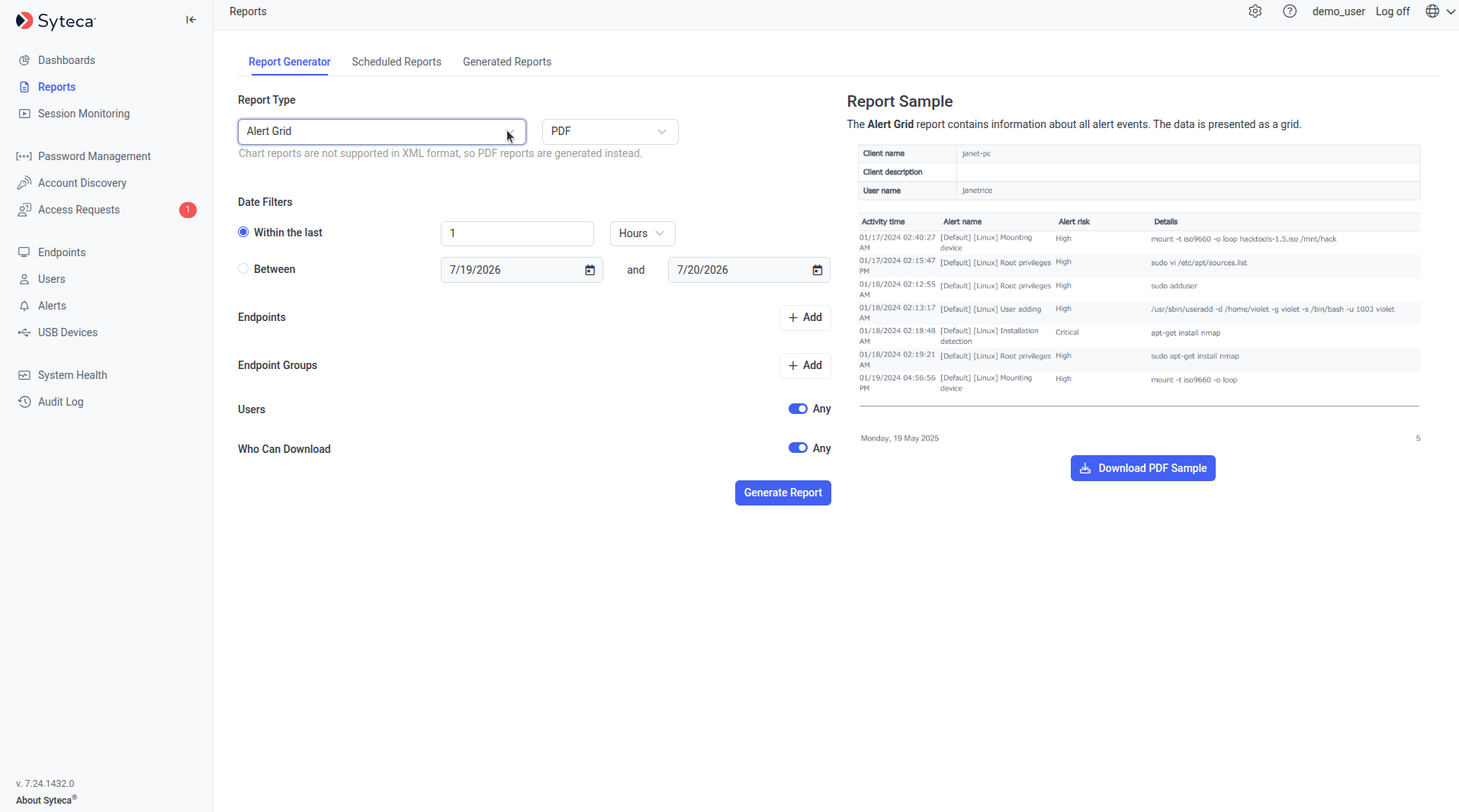 Report Generator tab with report type selection on the left, sample preview on the right, and Download PDF Sample button