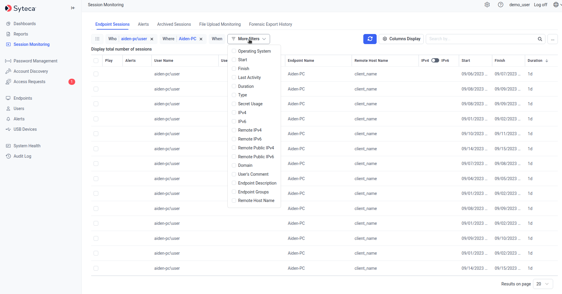 Top of the Client Sessions tab showing active Who, Where, When filters plus expanded More criteria menu with additional filter options