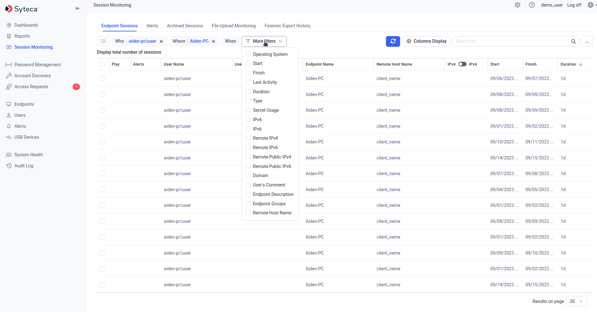 Top of the Client Sessions tab showing active Who, Where, When filters plus expanded More criteria menu with additional filter options