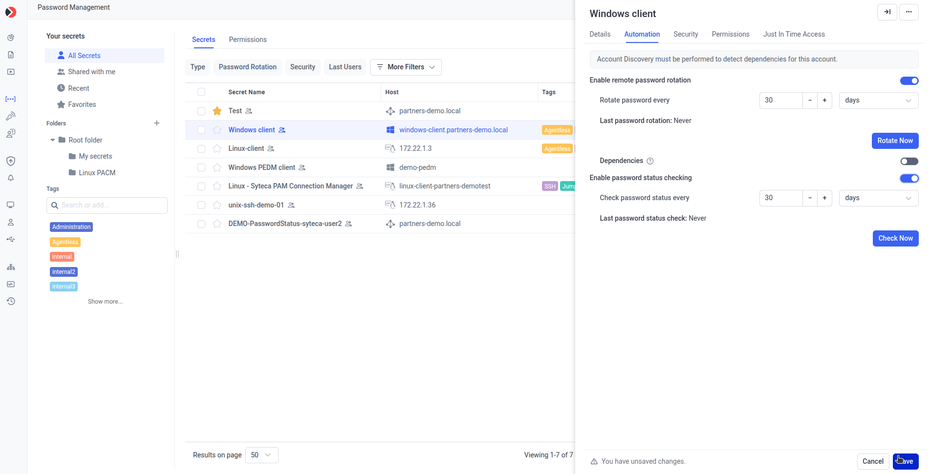 Add Secret window showing the Automation tab