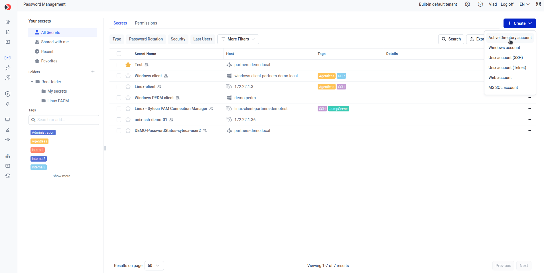Create button showing all the available secrets types