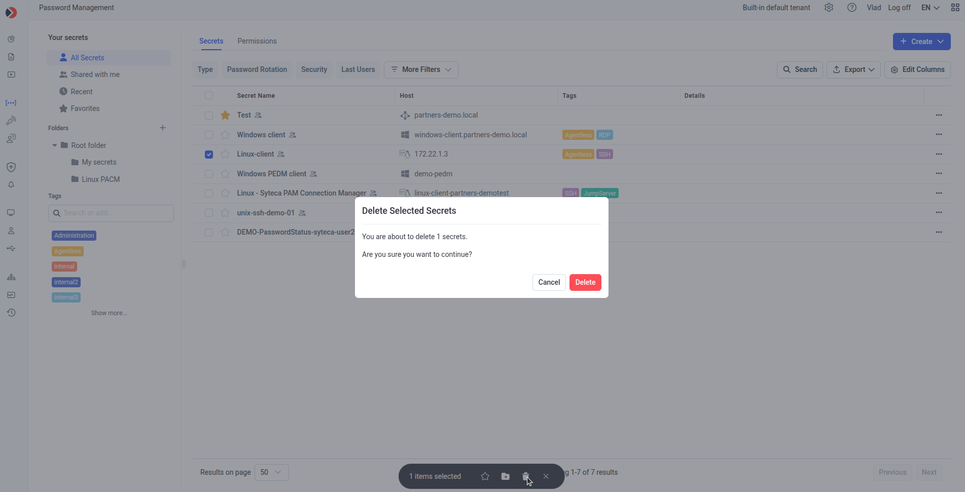Password Management page with secret checkboxes selected and the Bulk Action menu