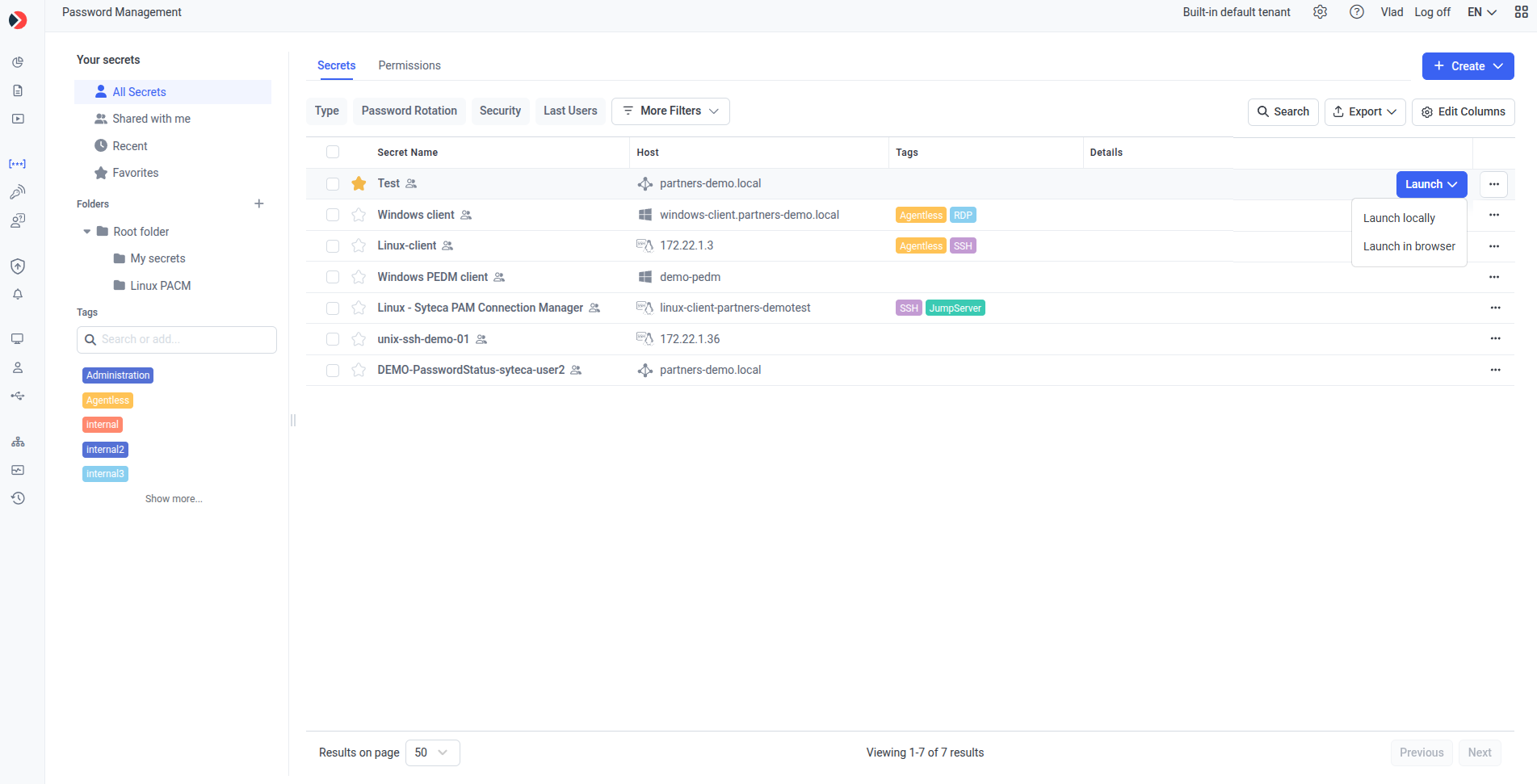 Launch drop-down showing browser and local options