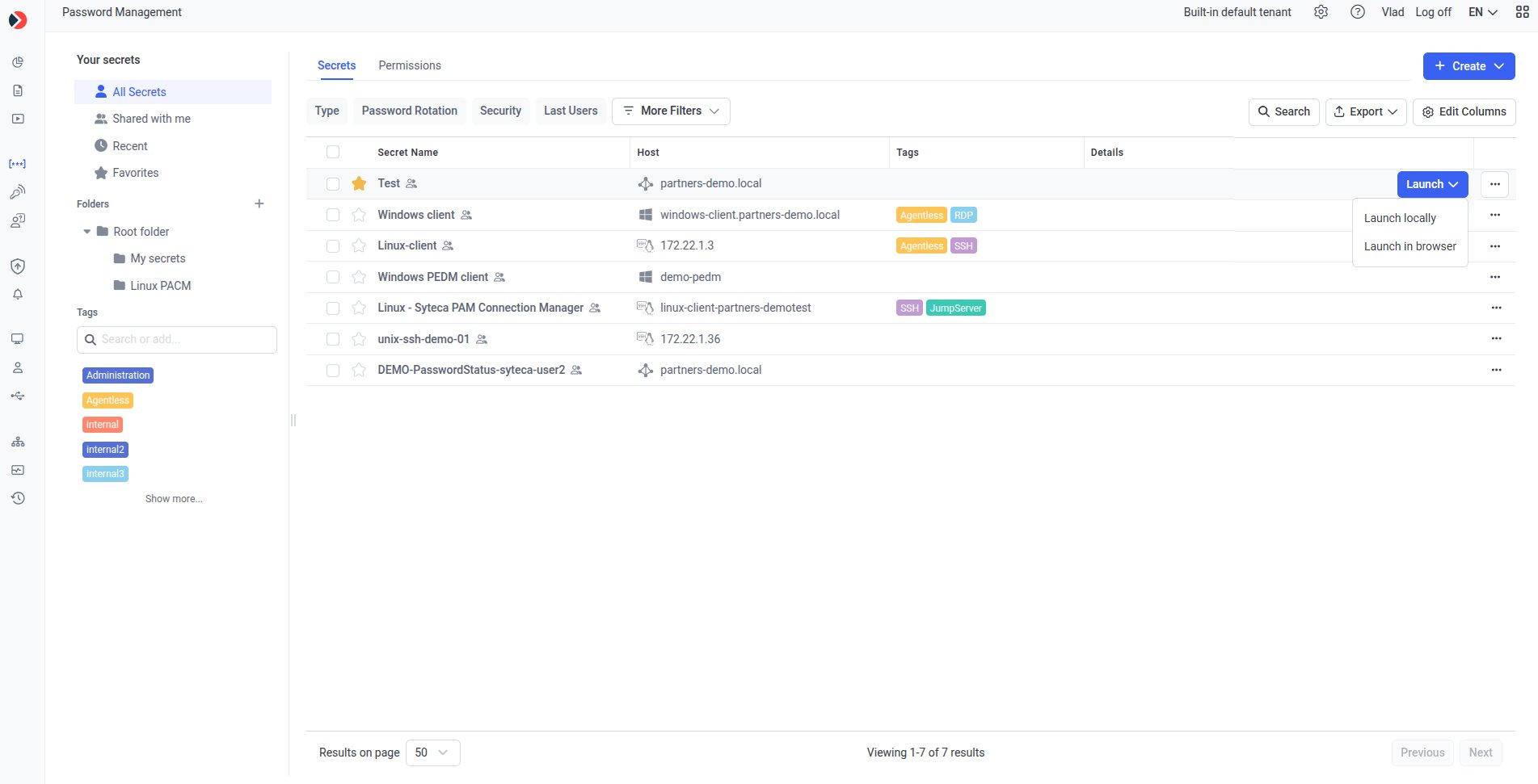 Launch drop-down showing browser and local options