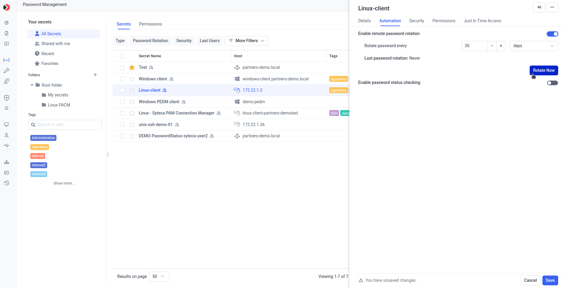 Edit Secret Automation tab with the Rotate Now button