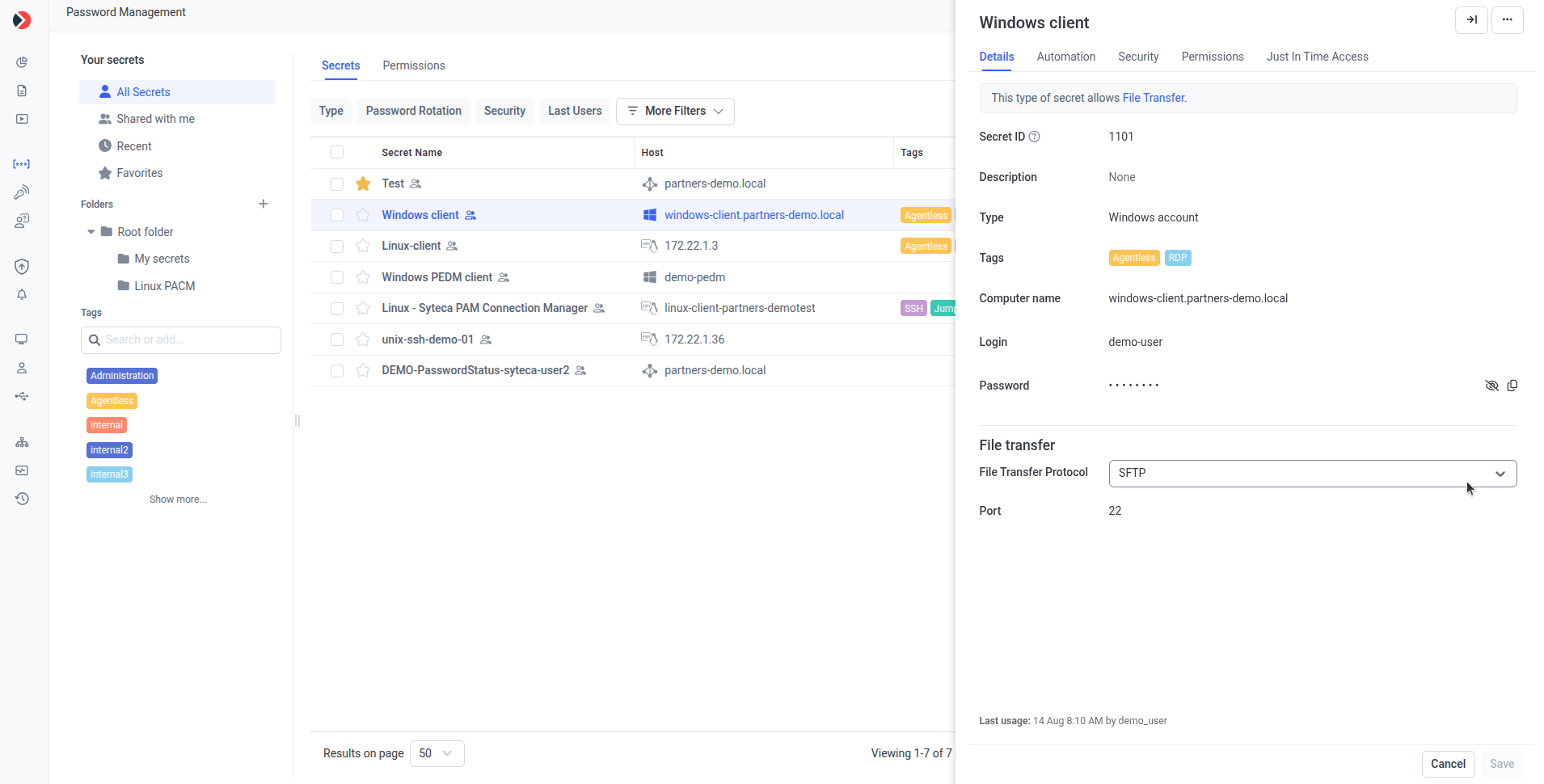 Details tab File Transfer section showing protocol and port fields