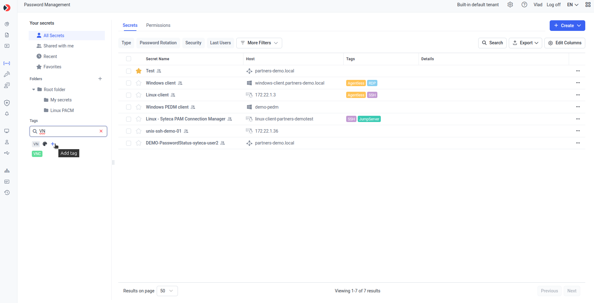 Tags section with name input, color picker, and create button