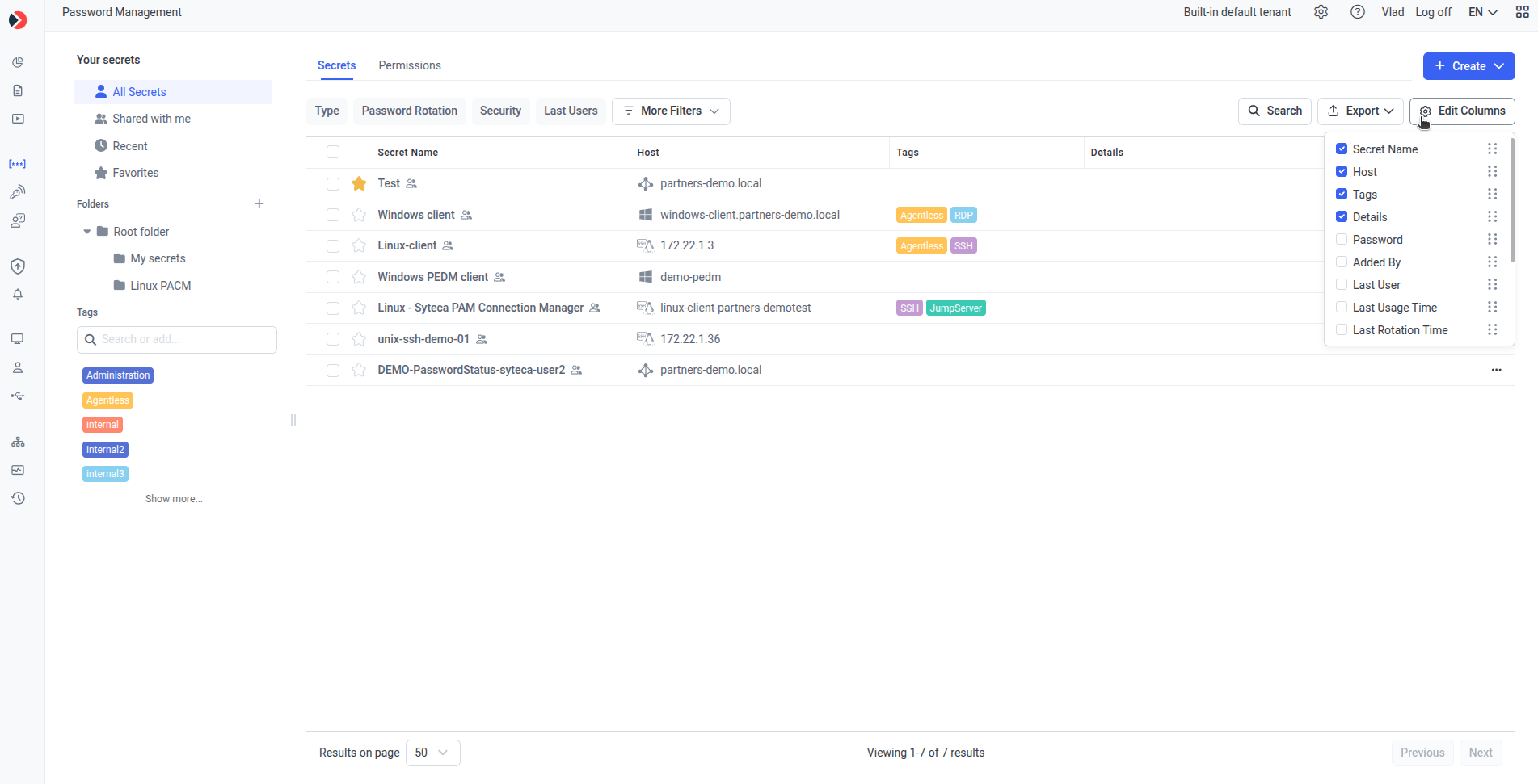 Edit Columns panel with the full list of optional columns