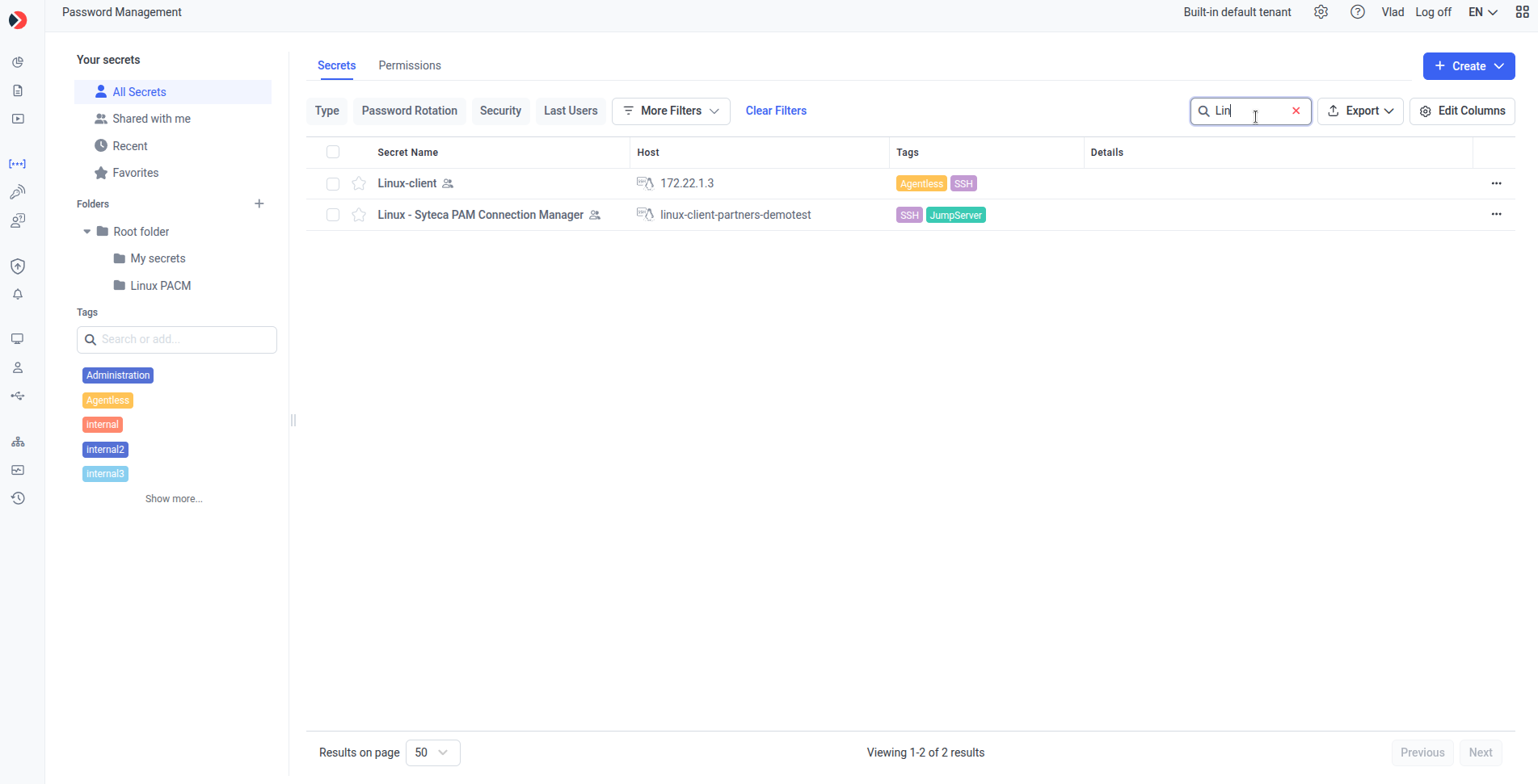 Password Management page filter bar and search field