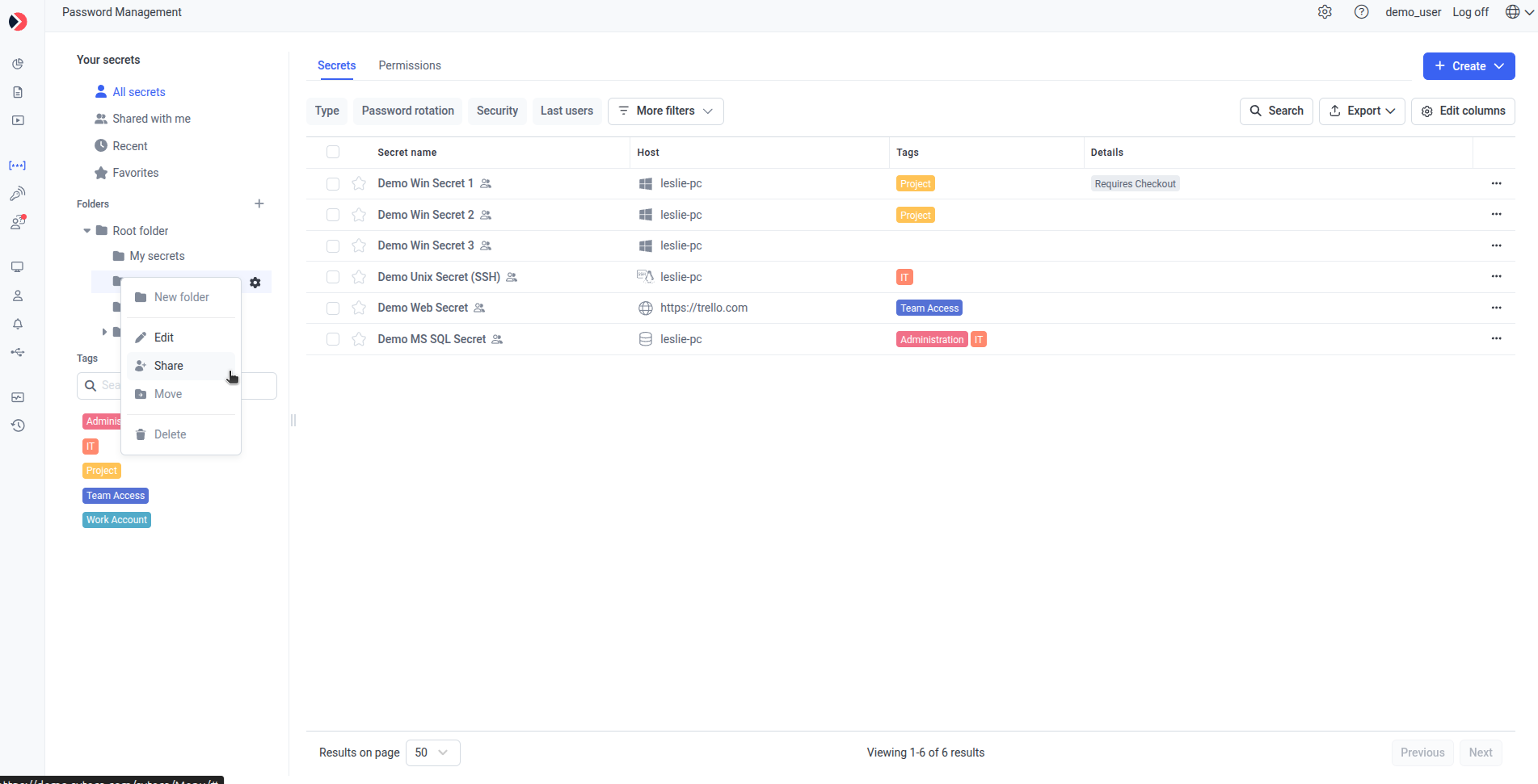 Folder gear menu with New folder, Edit, Share, Move, and Delete