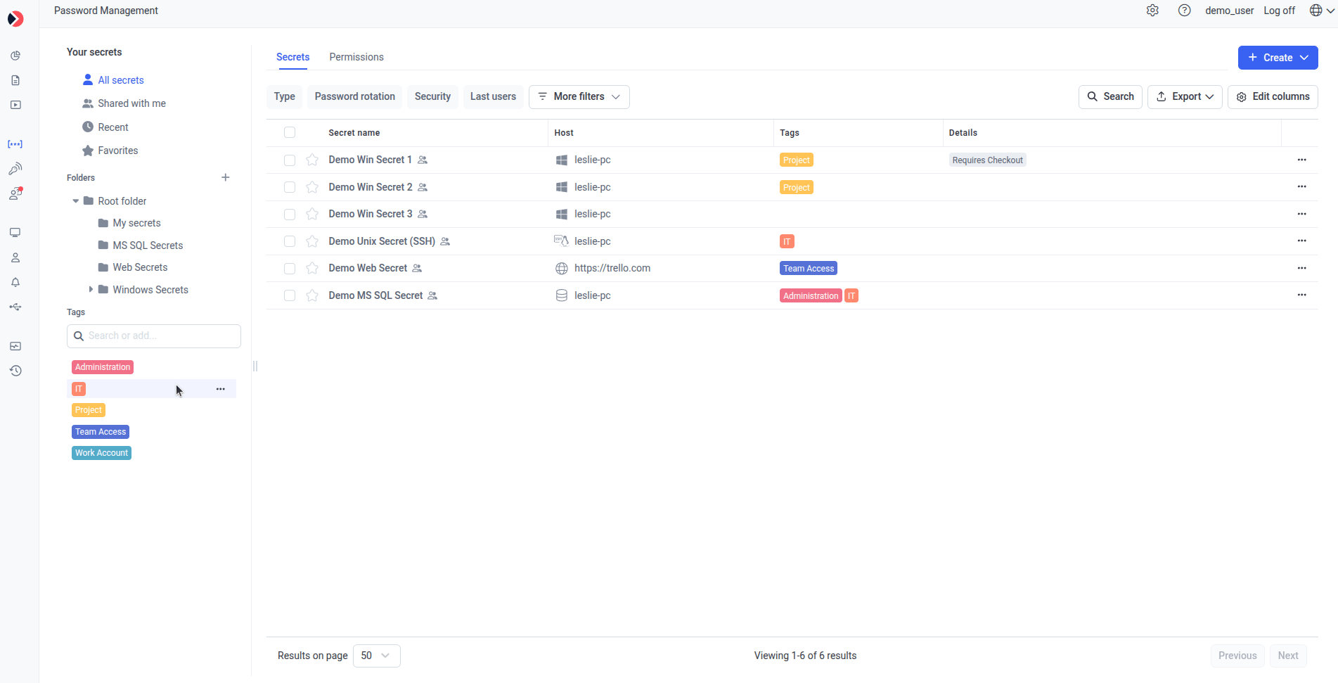 Password Management left-side menu with Your Secrets, Folders, and Tags sections