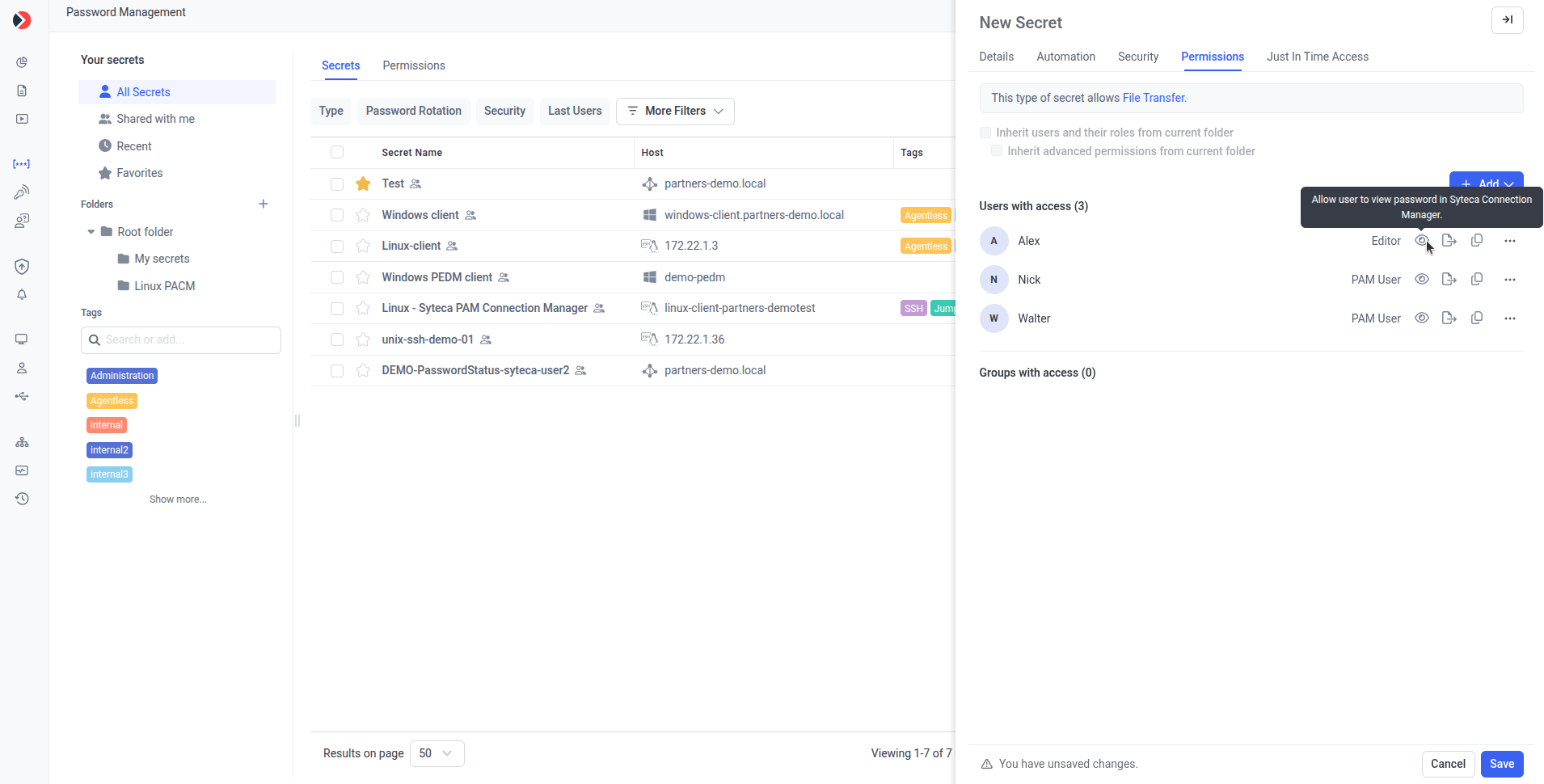 Permissions tab with View Password and Copy Password checkboxes selected